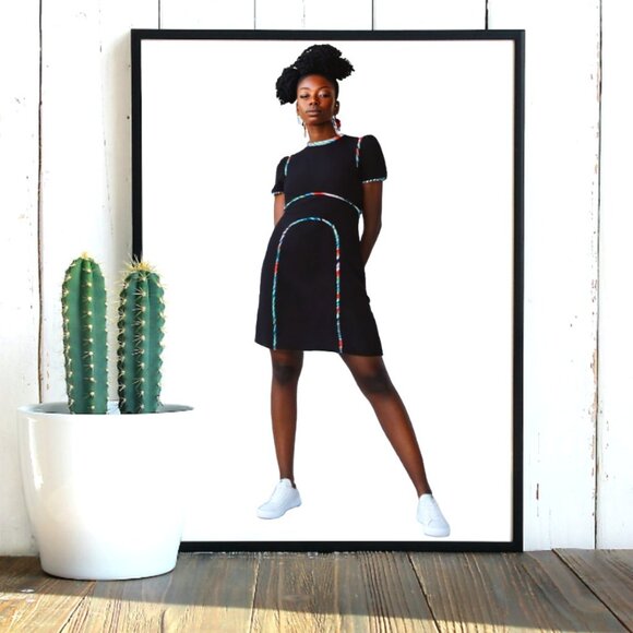 Mary Katrantzou Black Multicolor Contrast Piping Short Sleeve Dress, Size 2 - Picture 2 of 7